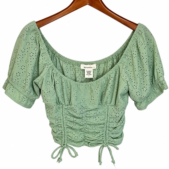 URBAN Romantics Tops - Urban Romantics Sage Green Eyelet Ruched Milkmaid Crop Top Smocked Back Large